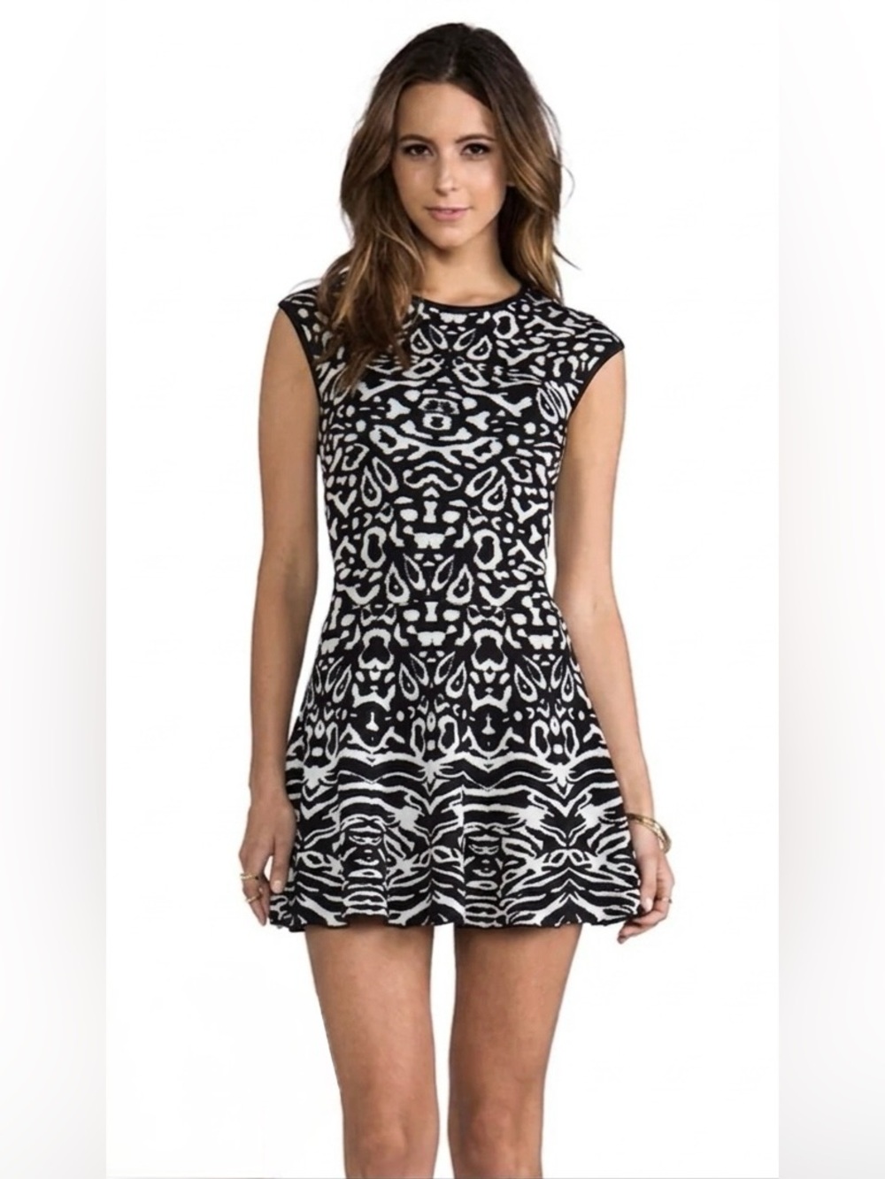 Torn by Ronny Kobo Malú Jacquard Knit Animal Print Fit and Flare Mini Dress XS